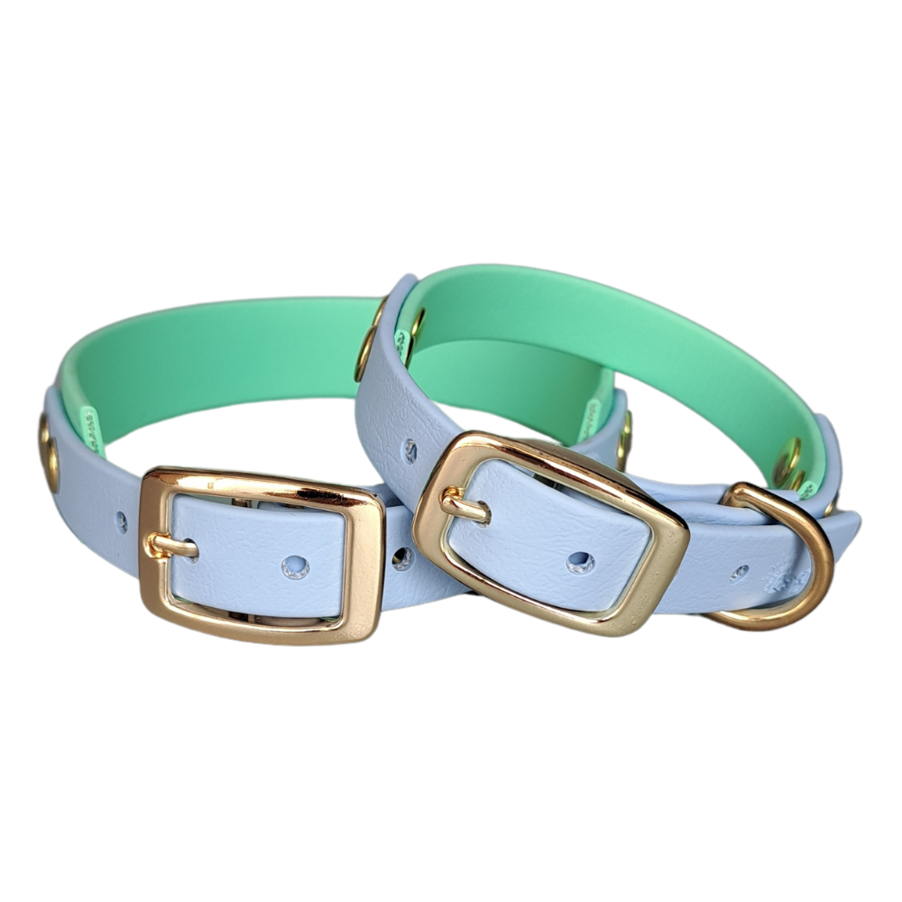 biothane waterproof halsbanden blauw groen gouden hardware