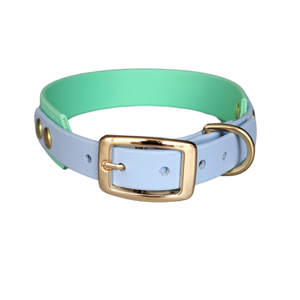 blauw groene waterdichte halsband met gouden hardware 1