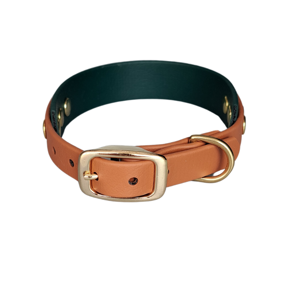bruin zwarte waterproof halsband met gouden gesp