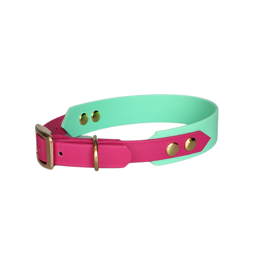 roze groene biothane halsband met gouden gesp