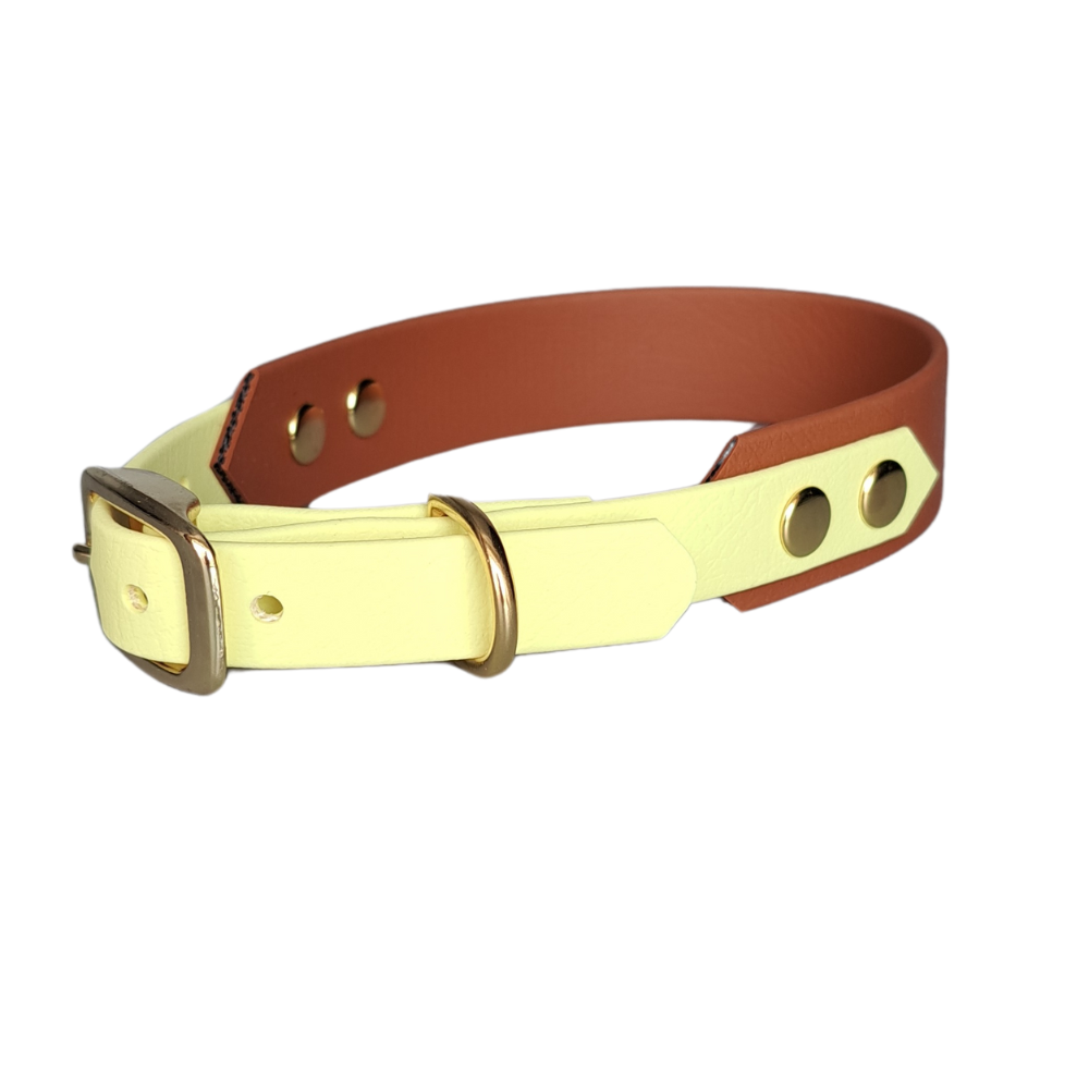 tweekleurige halsband geel bruin met gouden gesp