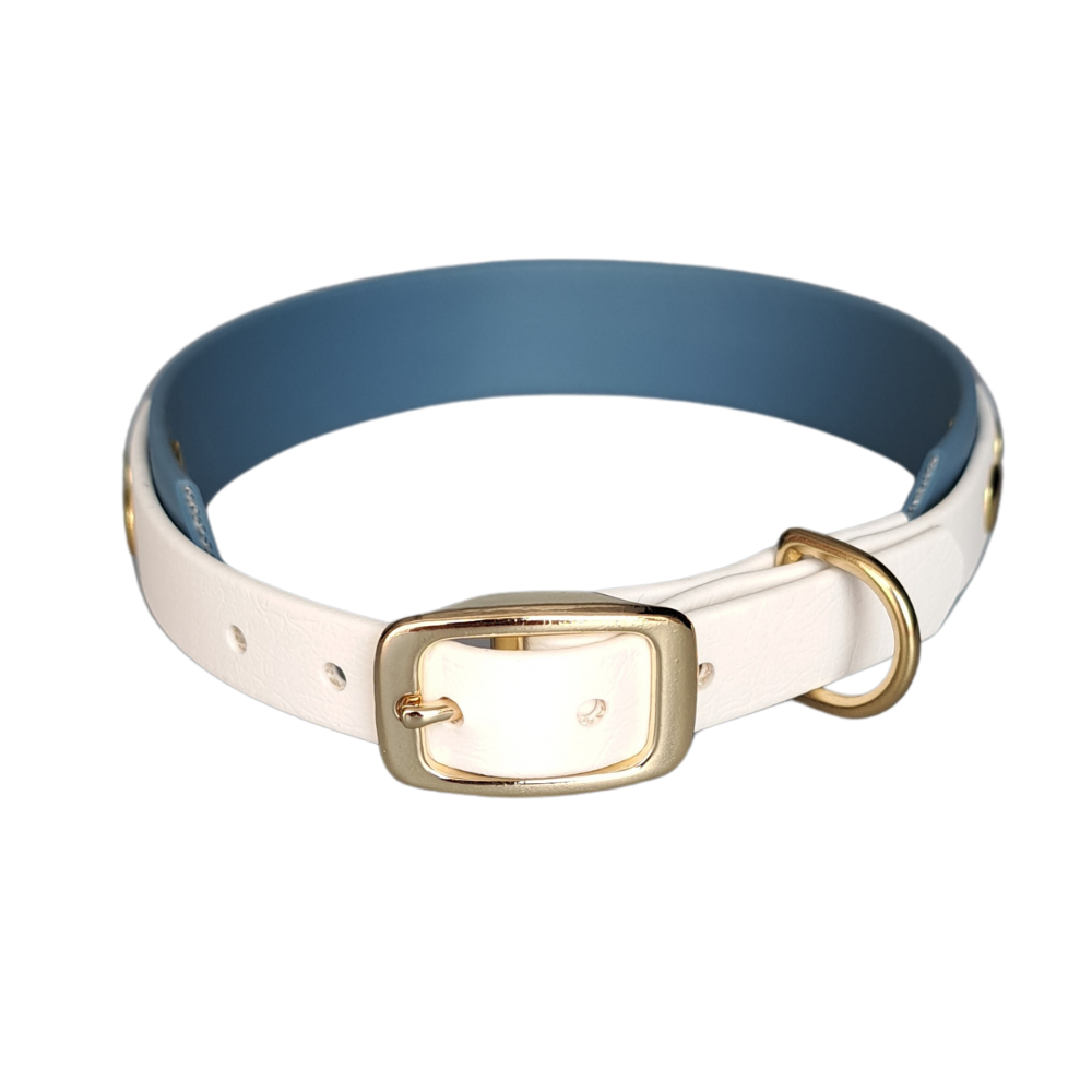 wit blauwe halsband met gouden hardware