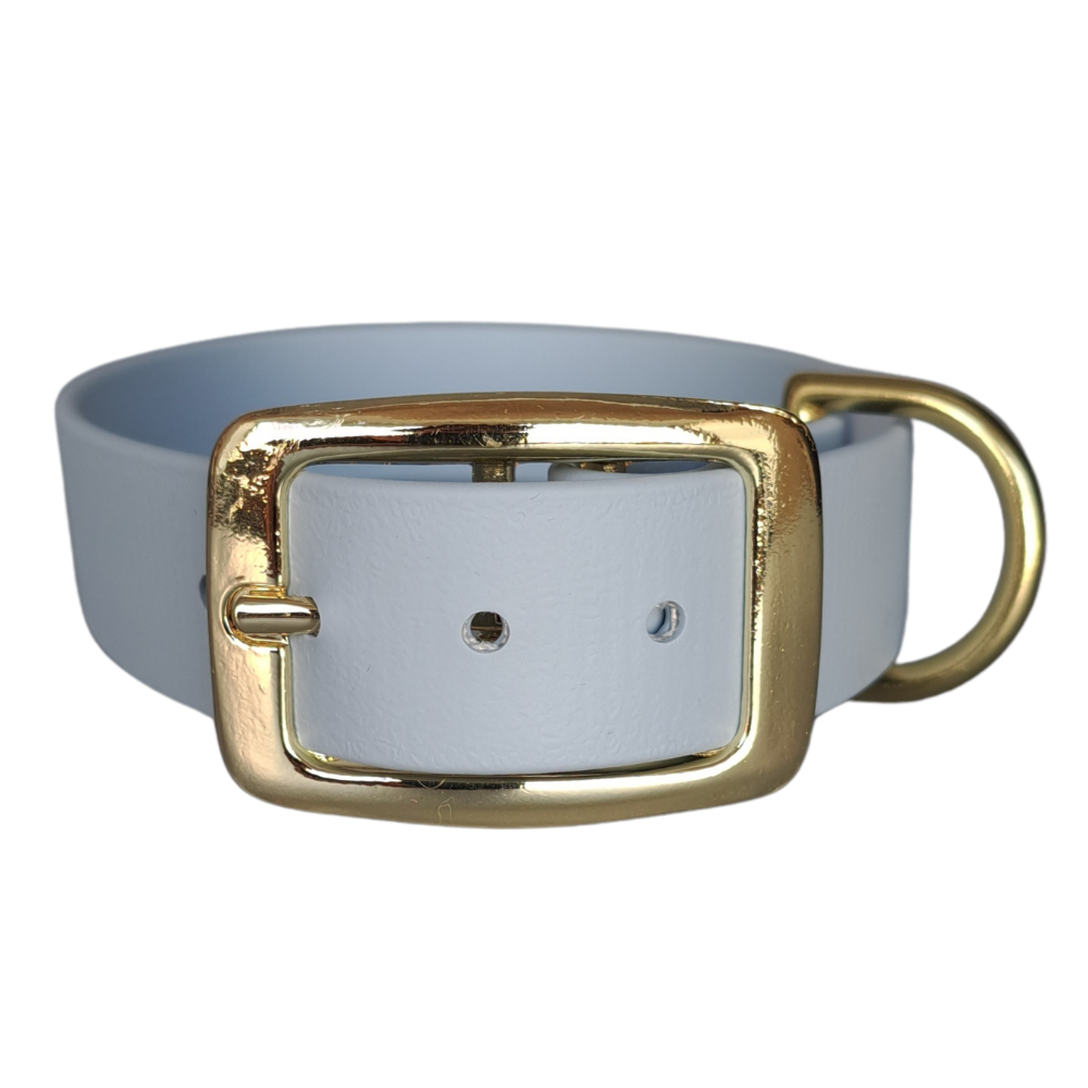 pastelblauwe halsband met gouden gesp