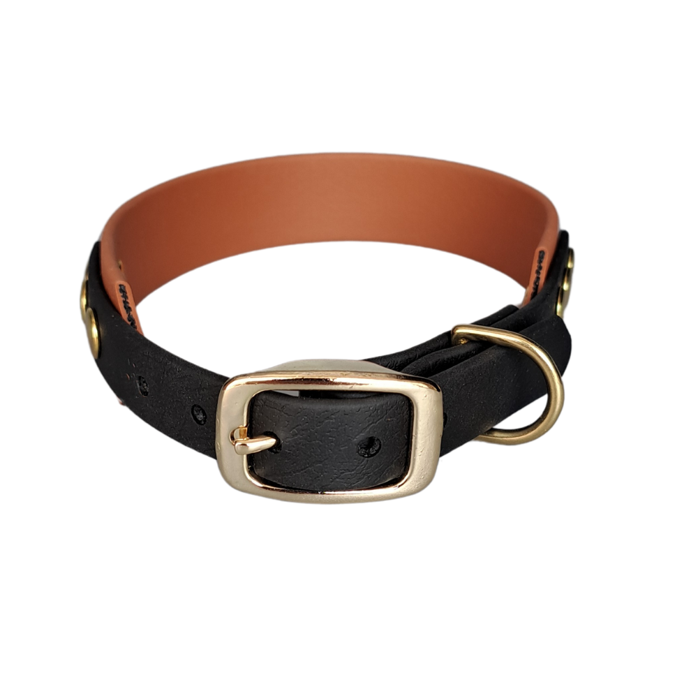zwart bruine waterproof halsband met gouden gesp