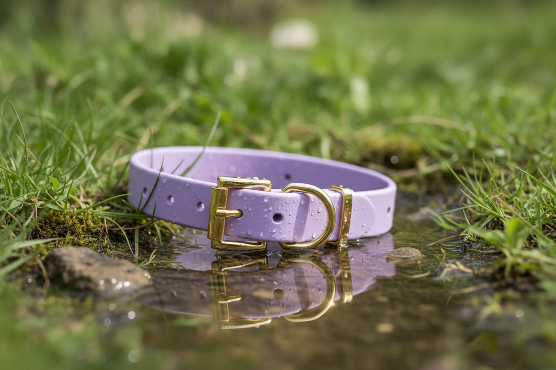 Pastel paarse halsband in een plas water waterproof