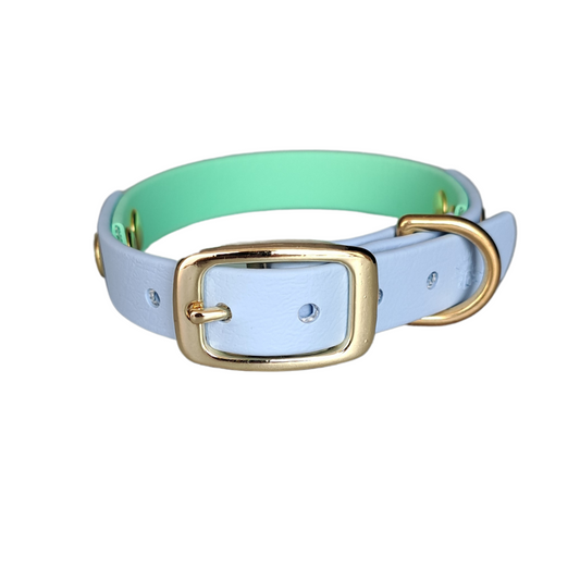 blauw groene waterproof halsband met gouden gesp