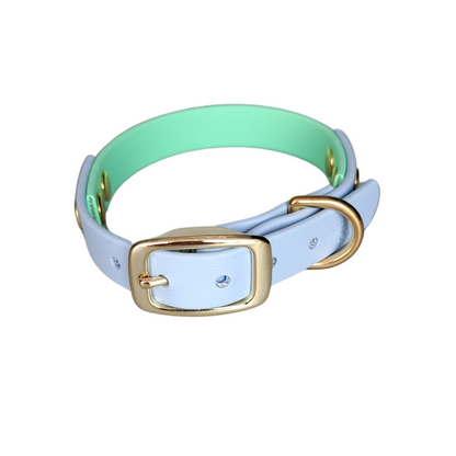blauw groene waterproof halsband met gouden hardware