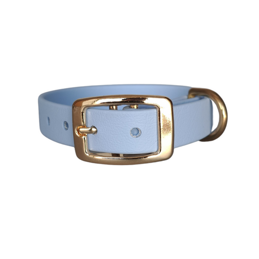 blauwe halsband met gouden gesp