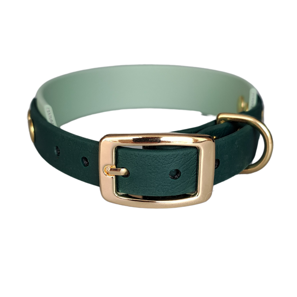 Handgemaakte waterdichte Biothane halsband met gouden gesp van Dazzling Dog.