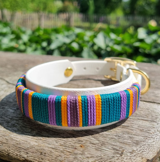 geweven halsband uit de Cali Wave collectie, kleurrijk en waterproof, gemaakt door Dazzling Dog.