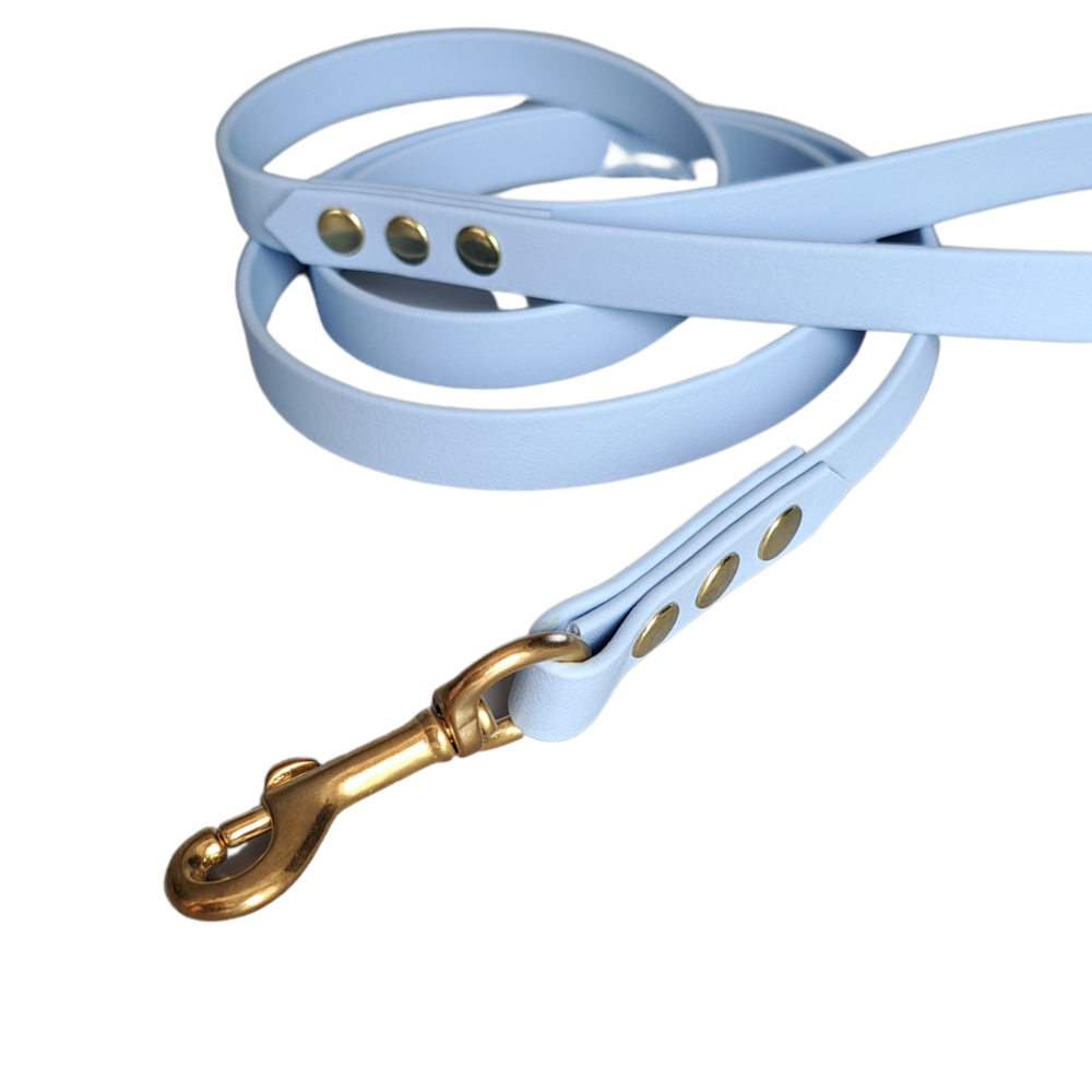 Sterke blauwe Biothane leiband met gouden hardware, handgemaakt door Dazzling Dog.