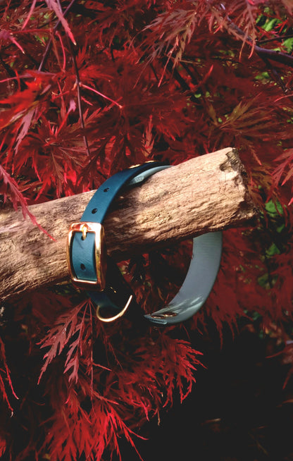 Handgemaakte waterdichte Biothane halsband in sage groen en donkergroen met gouden gesp van Dazzling Dog.