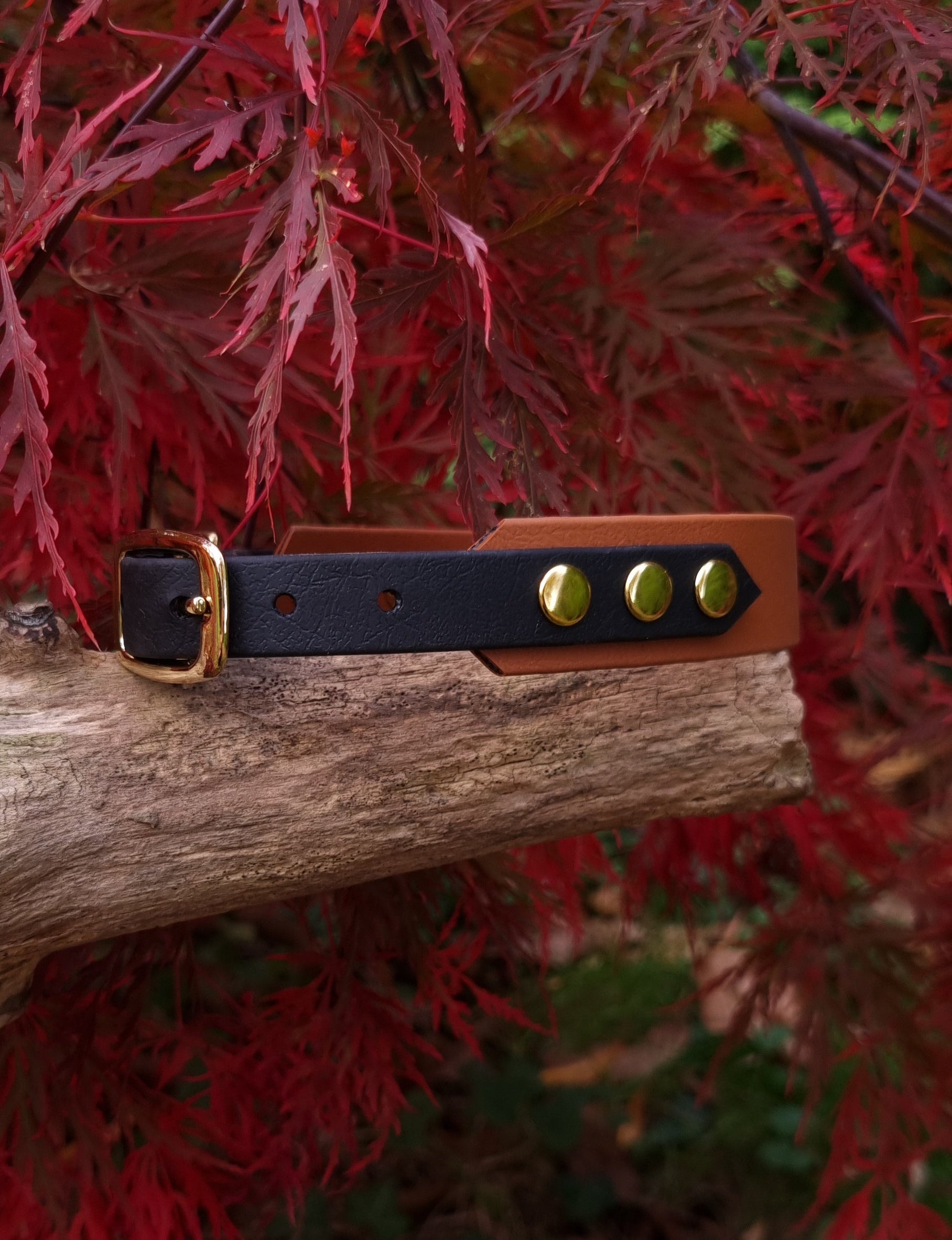 Handgemaakte waterdichte Biothane halsband in bruin zwart met gouden gesp van Dazzling Dog.