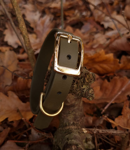 Klassieke olijfkleurige waterproof  halsband met gouden gesp  door Dazzling Dog