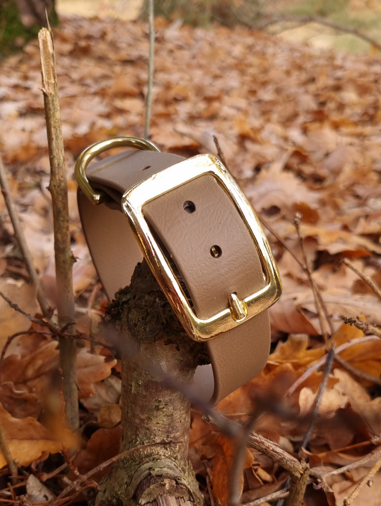 Klassieke coyotebruine waterproof  halsband met gouden gesp  door Dazzling Dog