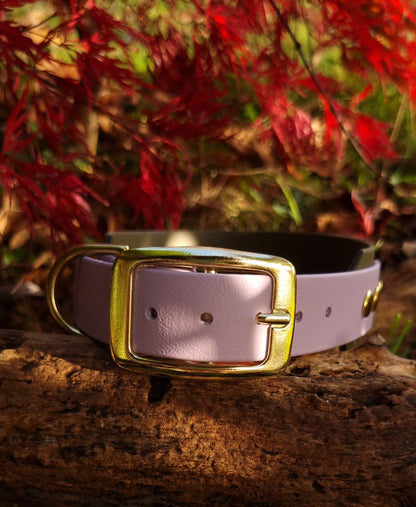 Handgemaakte pastelpaars olijf  waterdichte Biothane halsband met gouden gesp van Dazzling Dog.