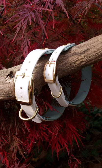 Handgemaakte waterdichte Biothane halsband in sage groen en wit met gouden gesp van Dazzling Dog.