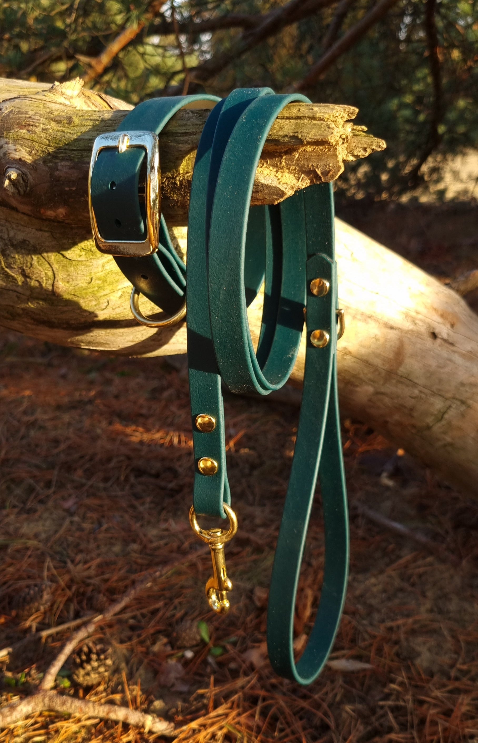 Klassieke donkergroene waterproof  halsband en leiband set met gouden hardware door Dazzling Dog