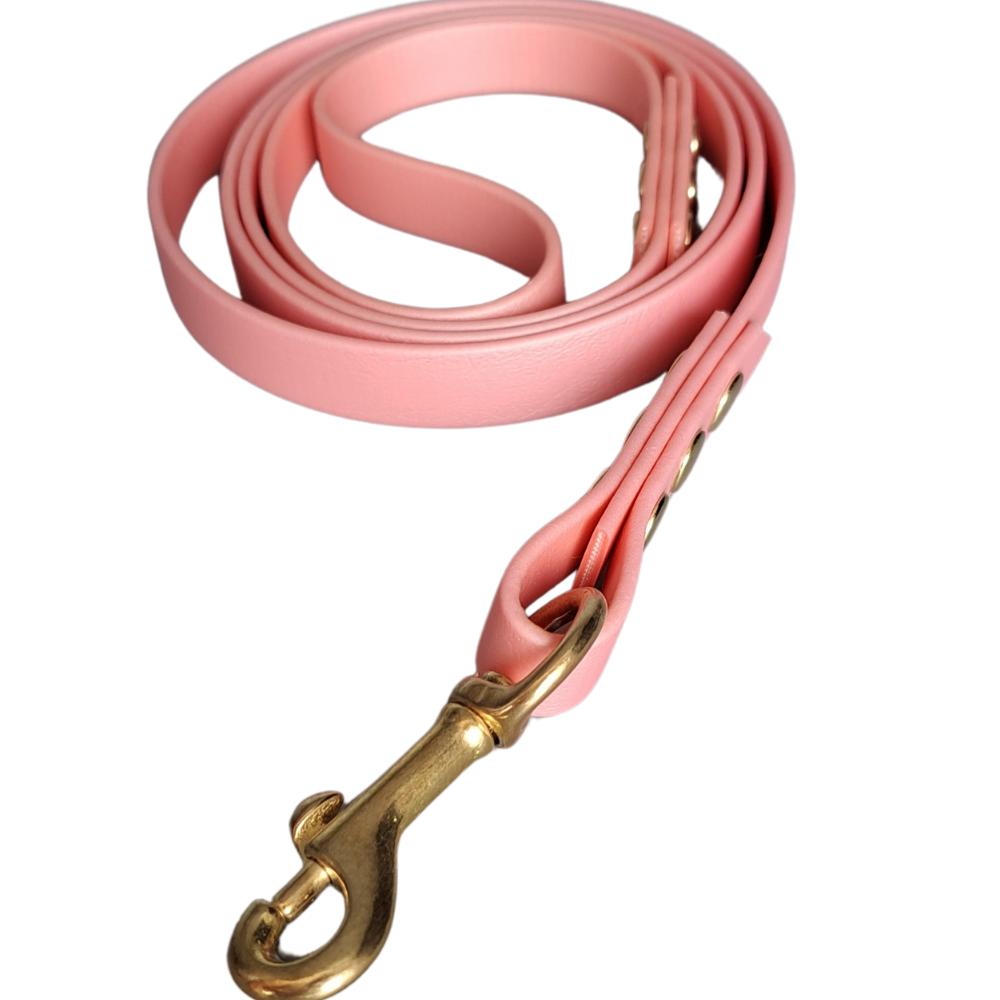 Sterke tweekleurige Biothane leiband in rosé met gouden hardware, handgemaakt door Dazzling Dog.